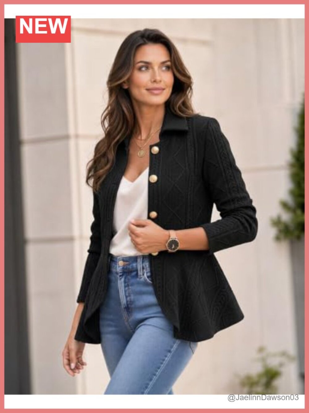 Women's Cable Knit Jacket Ruffle Hem Button Front - Picture 4 of 6